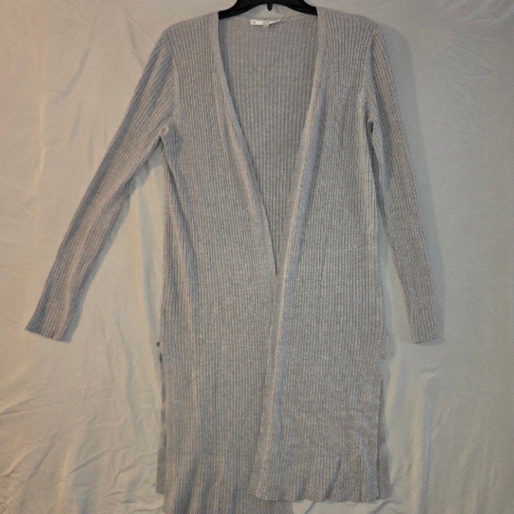 Sioni Cardigan Small Womens Gray Ribbed Open Front Longline Wool Blend Side Slit